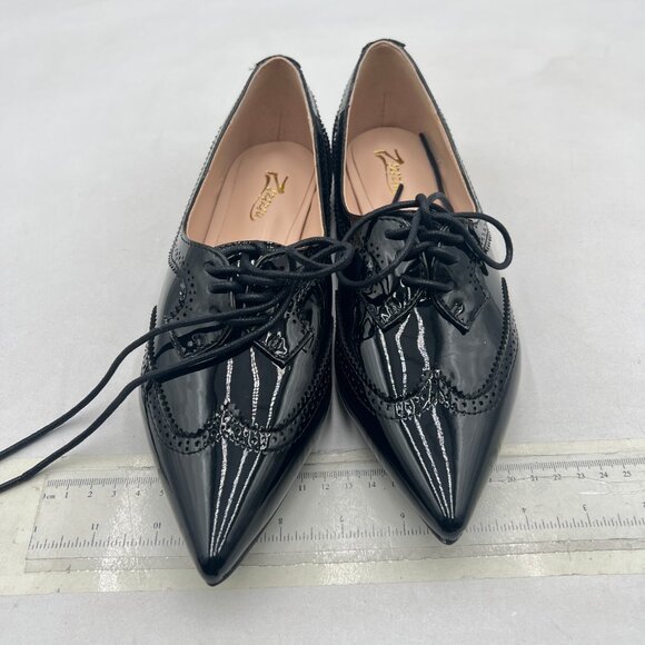 Zszszsu Black Vintage Flat Oxfords Shoes Pointed Toe Lace Up Wingtips Dress Shoe - Picture 3 of 8